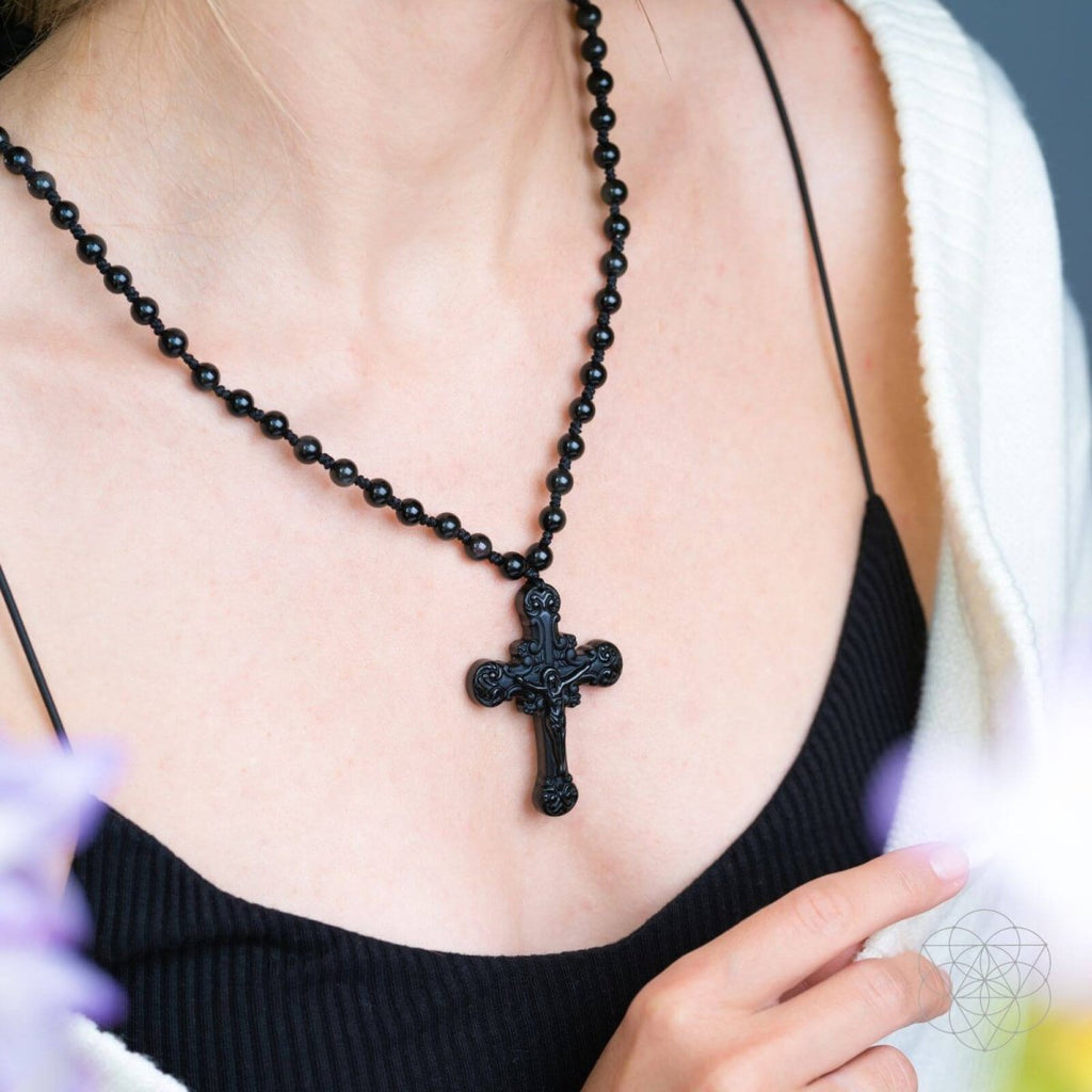 Lunar Grace Obsidian Cross Necklace For Sacred Protection