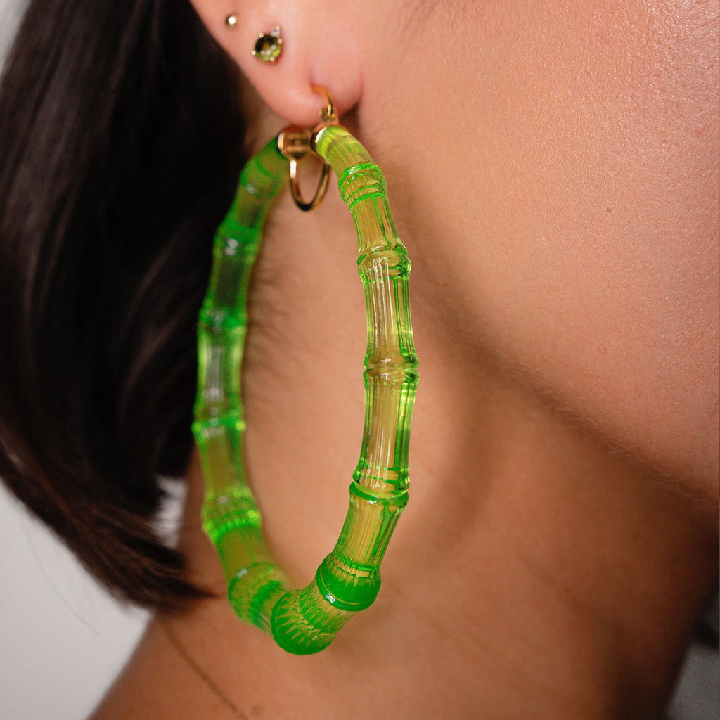 XL Lime Green Lucite Bamboo Hoop Earrings See size chart under “more details”